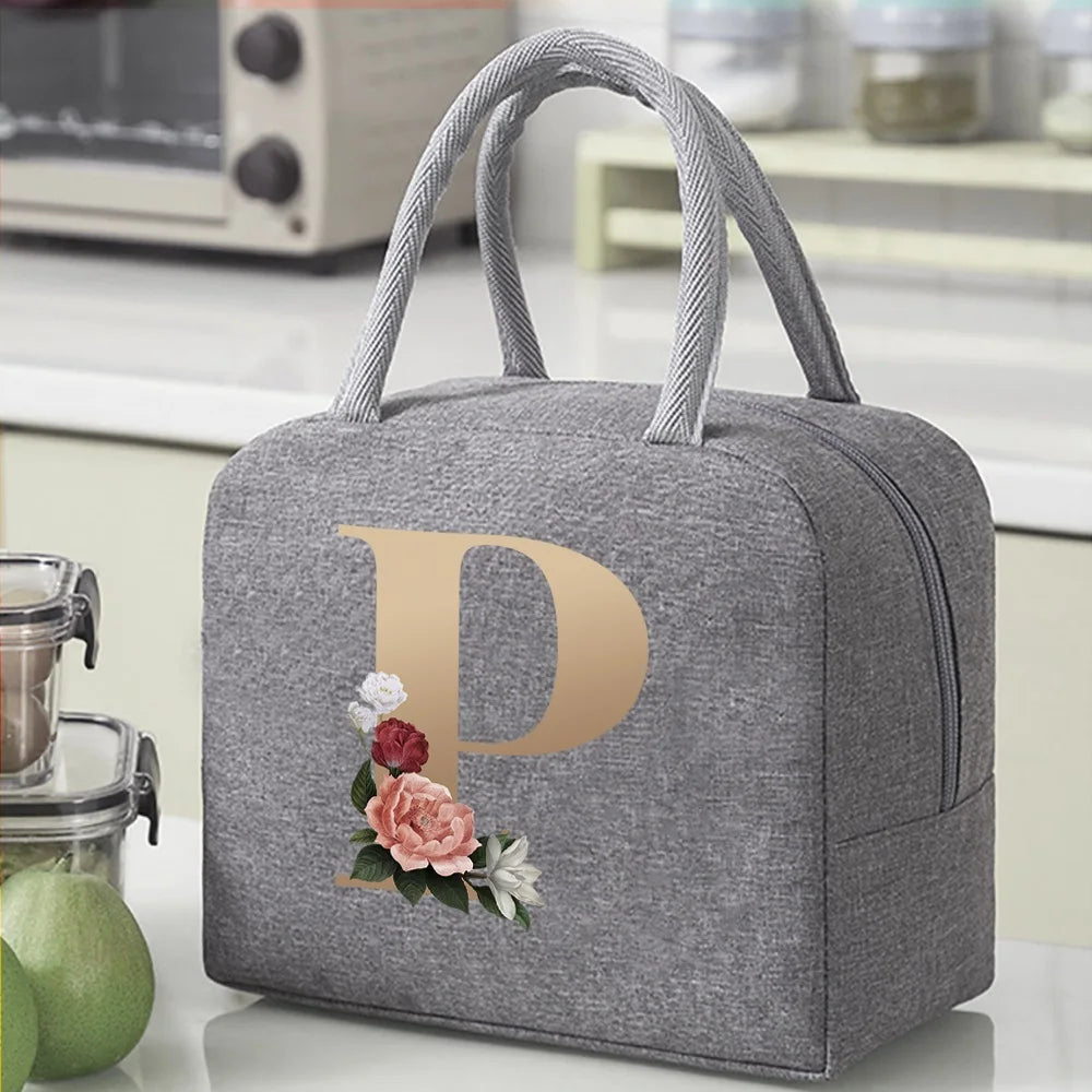 Thermal Food Picnic Lunch Box Insulated School Child Tote Lunch Bags for Work Cute Gold Letter Pattern Cooler Bag for Women