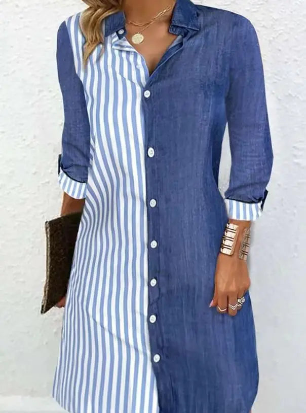 Fashion Striped Colorblock Button Dresses Women's Shirts Casual Turn-Down Collar Long Sleeve Dress Spring Summer Women Clothes