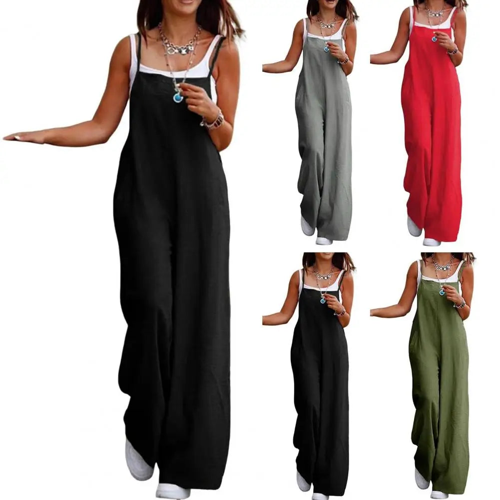Summer Women Jumpsuit Backless Sleeveless Spaghetti Strap Wide Leg Lady Jumpsuit Deep Crotch Pockets Full Length Female Jumpsuit
