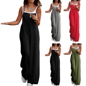 Summer Women Jumpsuit Backless Sleeveless Spaghetti Strap Wide Leg Lady Jumpsuit Deep Crotch Pockets Full Length Female Jumpsuit