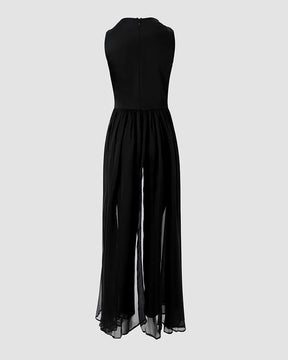 2025 Summer Women's Sexy Round Neck Rhinestone Sheer Mesh Sleeveless Jumpsuit with Belt New Fashion Rompers Womens Jumpsuit
