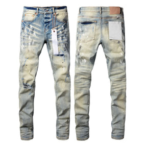 Purple jeans Men Fashion American high street brand Vintage wash blue paint distressed hole Repair Low Rise Skinny Denim pant