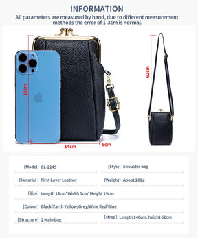 2024New Vintage Women Clip Bags Genuine Leather Mobile Phone Purse Bag Kiss Lock Crossbody Bags