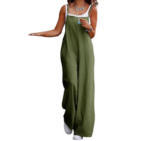 Summer Women Jumpsuit Backless Sleeveless Spaghetti Strap Wide Leg Lady Jumpsuit Deep Crotch Pockets Full Length Female Jumpsuit