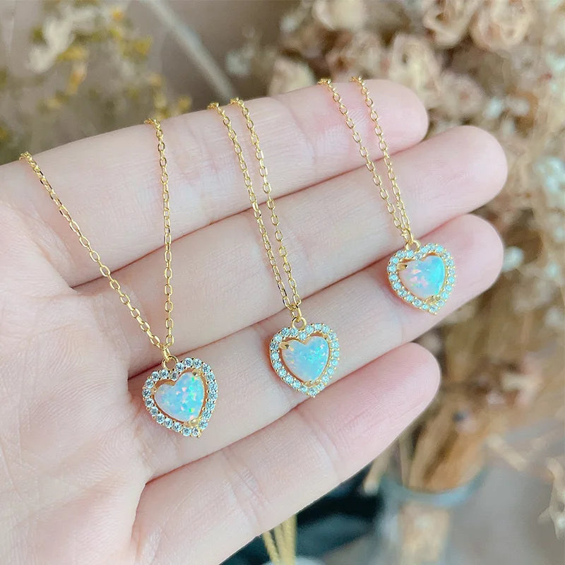 925 Silver Opal Heart shaped Necklace fashion For Match Clavicle Chain Necklace