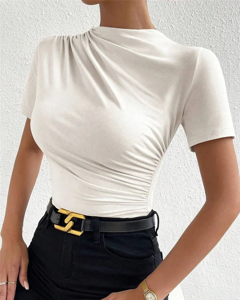 Luxury Europe and the United States spring and summer new slim-fit draw pleated short-sleeved onesie women's T-shirt