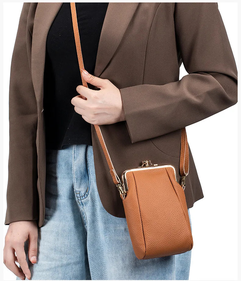 2024New Vintage Women Clip Bags Genuine Leather Mobile Phone Purse Bag Kiss Lock Crossbody Bags