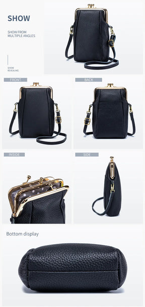 2024New Vintage Women Clip Bags Genuine Leather Mobile Phone Purse Bag Kiss Lock Crossbody Bags