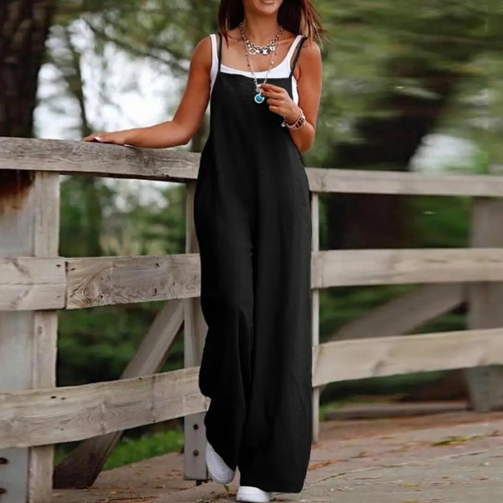 Summer Women Jumpsuit Backless Sleeveless Spaghetti Strap Wide Leg Lady Jumpsuit Deep Crotch Pockets Full Length Female Jumpsuit