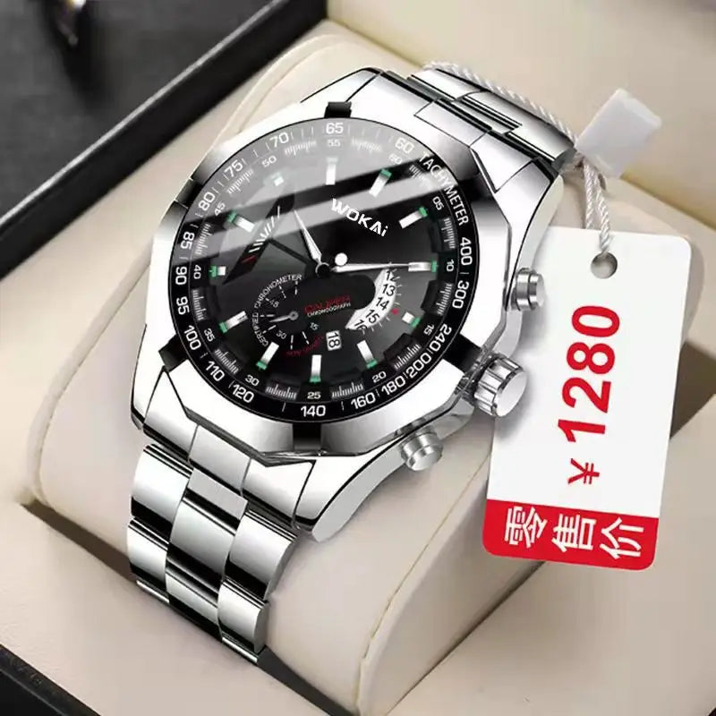 WOKAI high quality large dial men's European style waterproof luminous personality calendar watch boy business clock retro