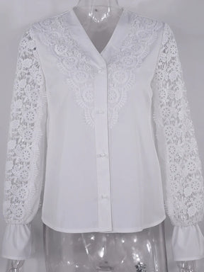 Shirts Elegant Office Ladies White Collared Lace Patchwork Hollow Out Button Up Womens Tops And Blouses 2025 Fashion New Blouse