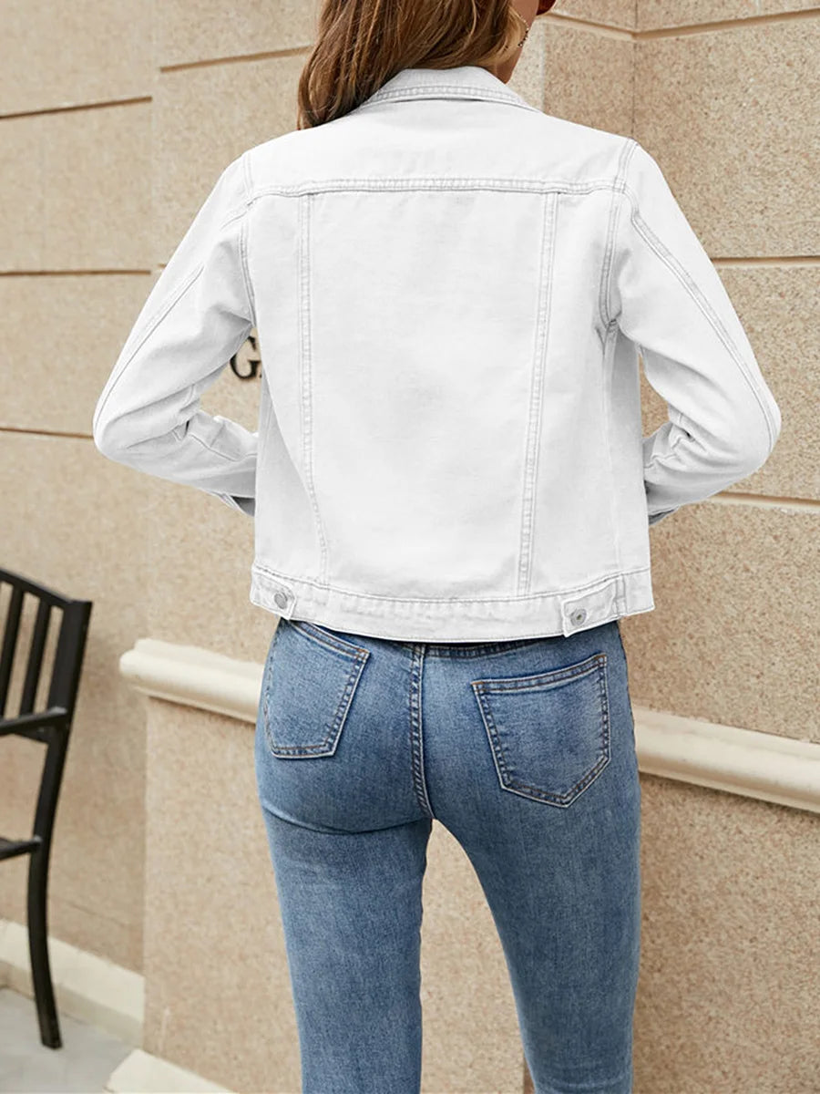 Women Denim Jacket Solid Color Black Blue Yellow Pink Red Casual Long Sleeve Button Down Chest Pocket Jean Jacket