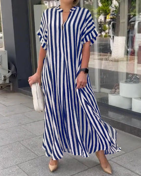 Summer Women's Striped Dress Shirt Black V-neck Loose Fashion Street Vacation Red Long Skirt