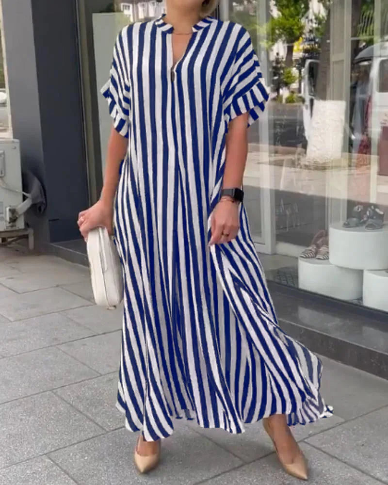 Summer Women's Striped Dress Shirt Black V-neck Loose Fashion Street Vacation Red Long Skirt