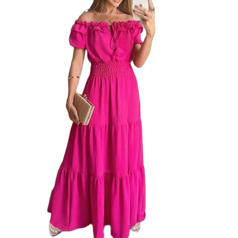 Women Fashion Ruffle One-piece Collar Dresses New Stretch Elasticated Waist Dress Female Commuter Casual Party Floor-length Gown