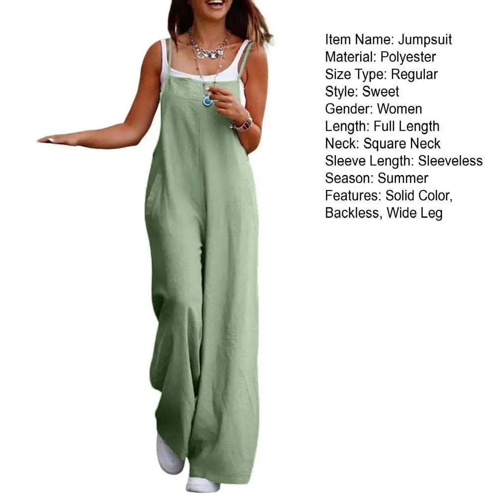 Summer Women Jumpsuit Backless Sleeveless Spaghetti Strap Wide Leg Lady Jumpsuit Deep Crotch Pockets Full Length Female Jumpsuit