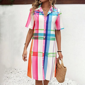 Women's Dress Summer Short Sleeve Button Down Lapel Top Short Pocket Striped Print Fashion Loose Shirt Coat Party Evening Dress