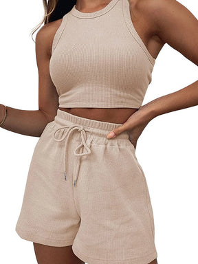2024 Summer New Sleeveless Waffle Elegant Women's Sets Solid Color Sexy Waist Vest Casual Tethered Shorts Female's Two-Piece Set