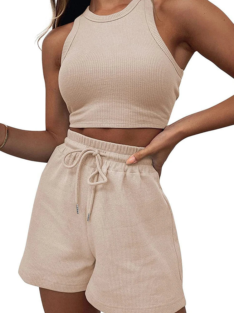 2024 Summer New Sleeveless Waffle Elegant Women's Sets Solid Color Sexy Waist Vest Casual Tethered Shorts Female's Two-Piece Set