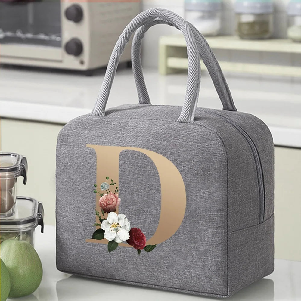 Thermal Food Picnic Lunch Box Insulated School Child Tote Lunch Bags for Work Cute Gold Letter Pattern Cooler Bag for Women