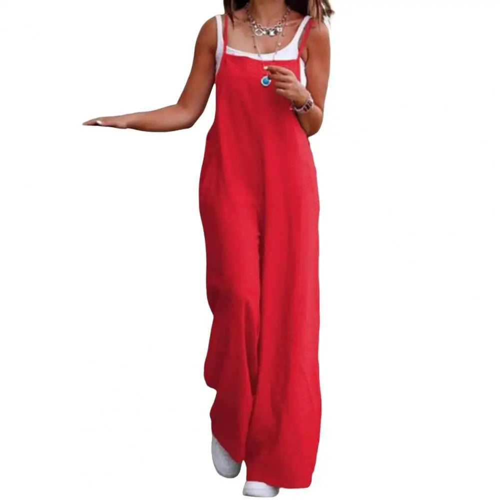 Summer Women Jumpsuit Backless Sleeveless Spaghetti Strap Wide Leg Lady Jumpsuit Deep Crotch Pockets Full Length Female Jumpsuit