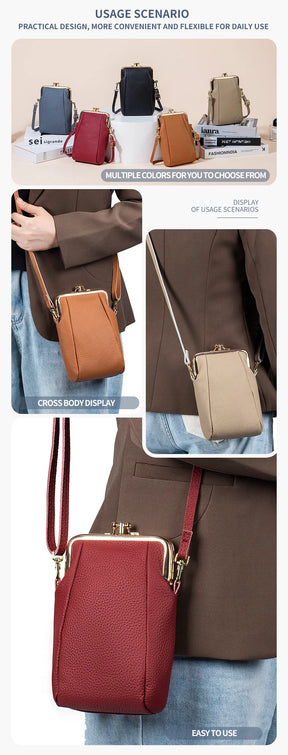 2024New Vintage Women Clip Bags Genuine Leather Mobile Phone Purse Bag Kiss Lock Crossbody Bags