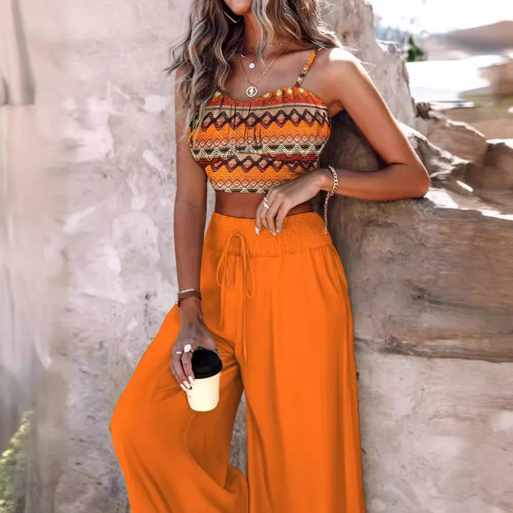 Women's Fashion Spring/Summer Sleeveless Tank Slim Fit Short Top Elegant High Waist Casual Printing Pants 2-piece Set S-3XL