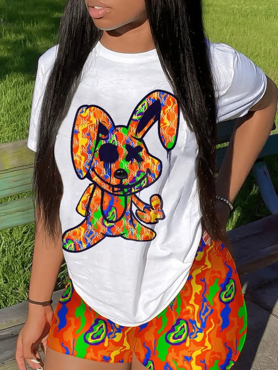 Casual Short Sleeve T T-shirt Shorts Set Office Lady Summer O-neck Cartoon Print Blouse Pants Two Piece Set Women Outfit 2023