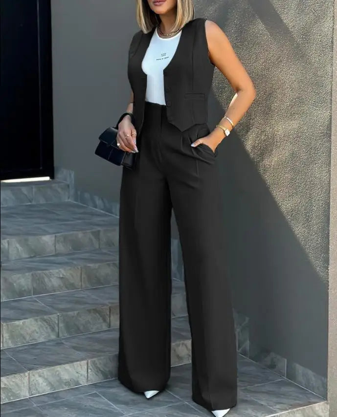 2024 Spring Summer Simple Graceful New Fashion Suit Vest Jacket Wide Leg Pants Casual Suit