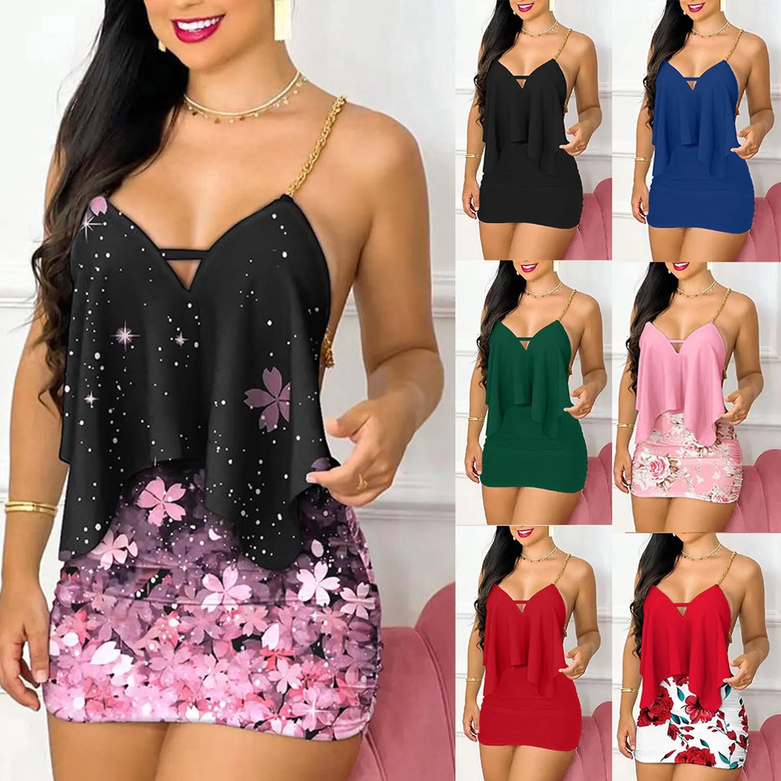Short Sets 2025 Summer Women Top And Skirt Set With Fine Sling, Two Piece Elegant Suit With Open Back And Chain Conjuntos Para
