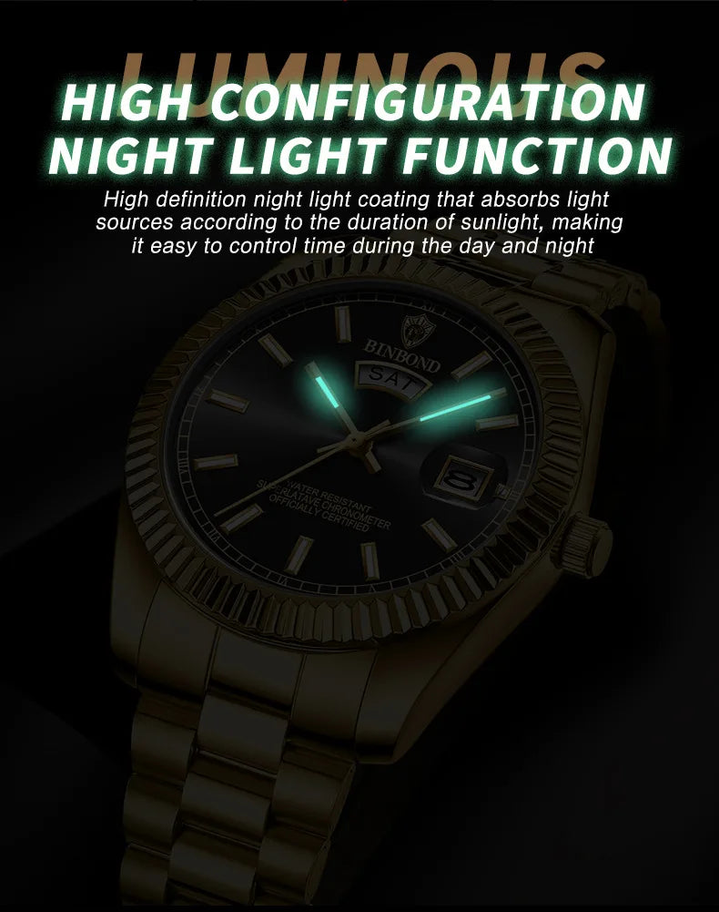BINBOND B7012 Mens Fashion Business Sports Quartz Watch 30M Waterproof Luminous Classic Calendar Creative Clock Mens Wristwatch