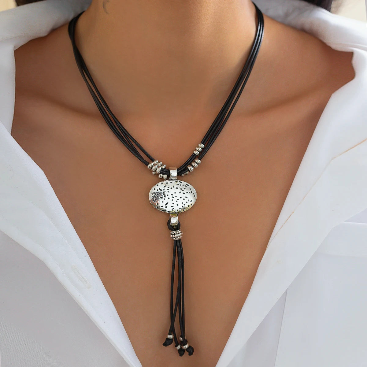 Lacteo Retro Leather Wax Necklace Women Round Silver Color Pendant Long Tassel Ethnic StyleThread Chain Neck Jewelry New Year