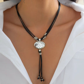 Lacteo Retro Leather Wax Necklace Women Round Silver Color Pendant Long Tassel Ethnic StyleThread Chain Neck Jewelry New Year