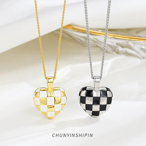 Classic S925 Sterling Silver Black and White Checkered Love Heart Necklace-Unique Nordic Style Jewelry