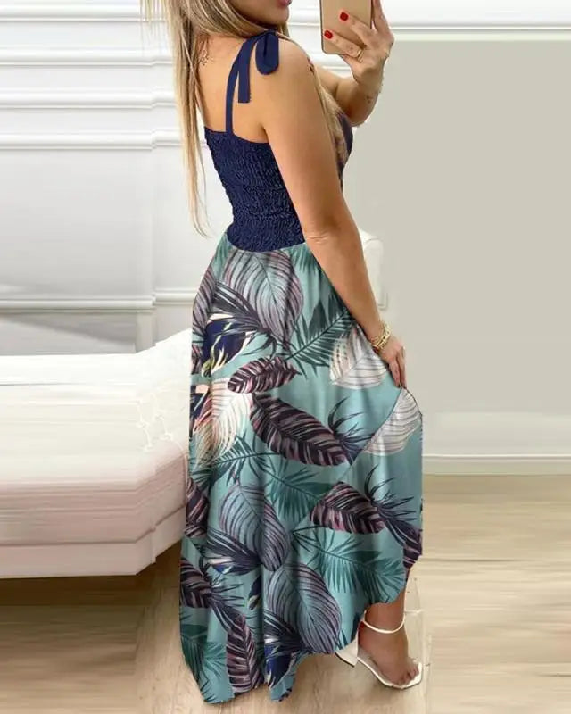 Summer Women's 2025  new irregular strapless halter sleeveless long dress Sling Patchwork Print Irregular Tube Top Dress