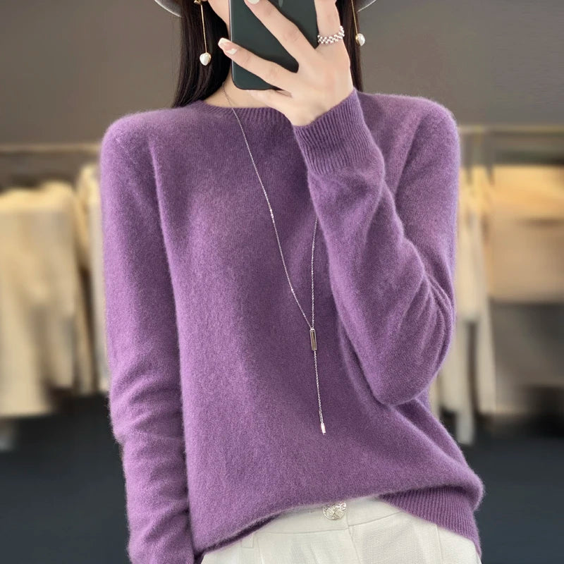 100% pure wool cashmere sweater women's O-neck pullover casual knit top autumn and winter women's coat Korean fashion