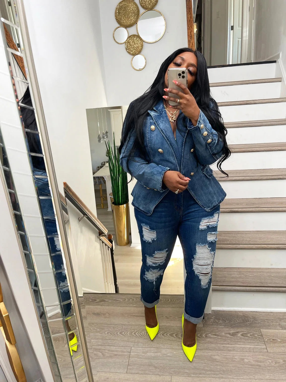 Women New Slim Double-Breasted Button Denim Jacket Coat Slim Long Sleeve Autumn Ripped Fashion Jacket Blazer