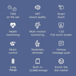 2 In 1 TWS Earphones Smart Watch Waterproof Wireless Bluetooth Dual Headset Call Health Blood Pressure Sports Music Smartwatch