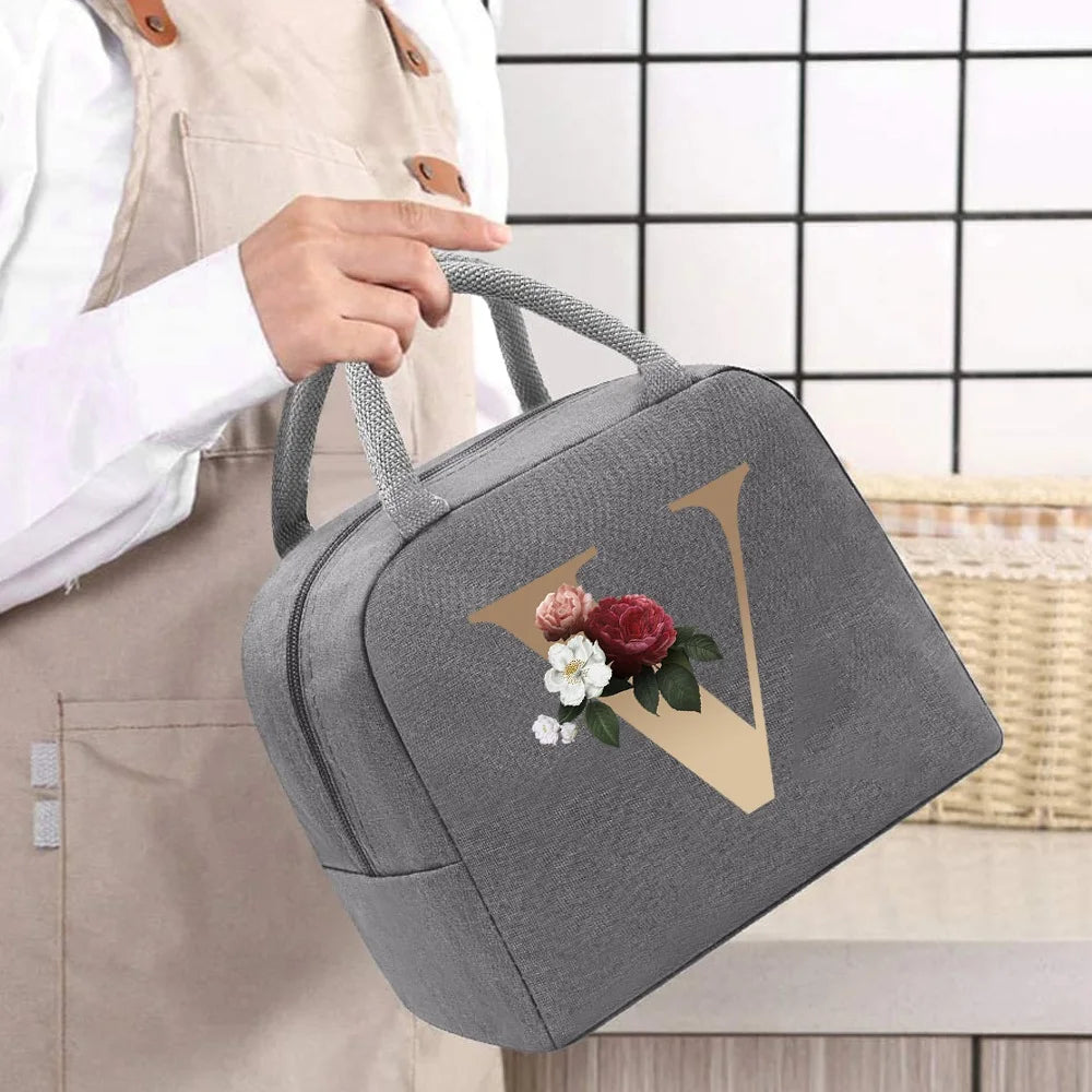 Thermal Food Picnic Lunch Box Insulated School Child Tote Lunch Bags for Work Cute Gold Letter Pattern Cooler Bag for Women