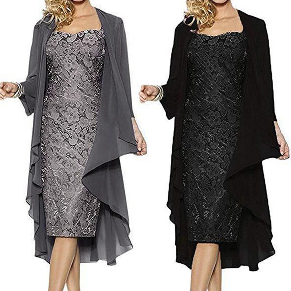 Formal Dress Set Women Outfit Elegant Flower Pattern Lace Vintage Two Pieces Set Women Knitted Cardigan Dress Banquet