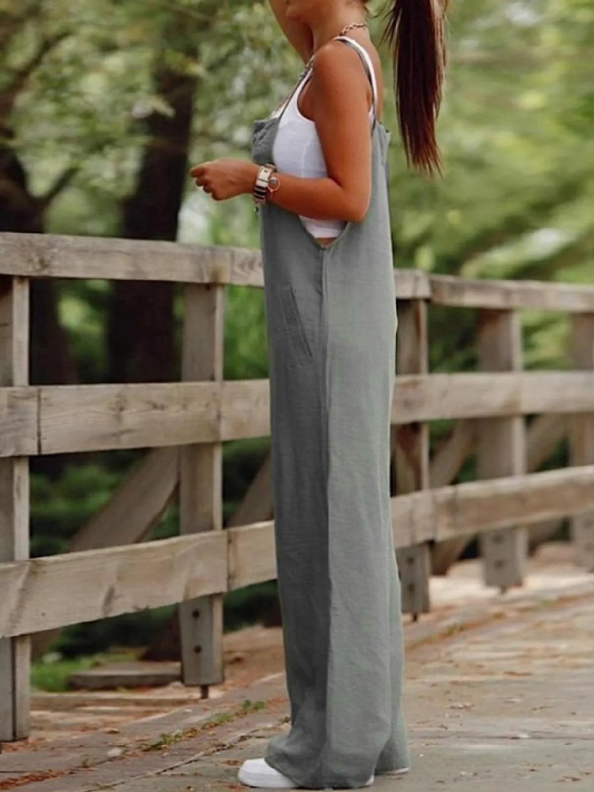 Summer Women Jumpsuit Backless Sleeveless Spaghetti Strap Wide Leg Lady Jumpsuit Deep Crotch Pockets Full Length Female Jumpsuit
