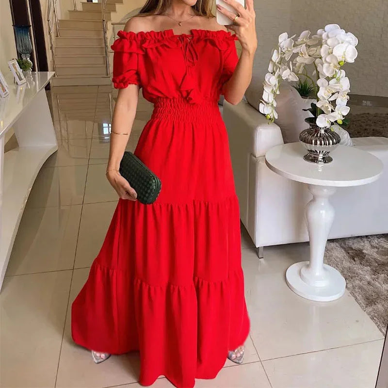 Women Fashion Ruffle One-piece Collar Dresses New Stretch Elasticated Waist Dress Female Commuter Casual Party Floor-length Gown