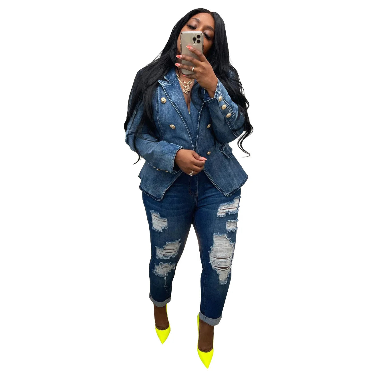Women New Slim Double-Breasted Button Denim Jacket Coat Slim Long Sleeve Autumn Ripped Fashion Jacket Blazer