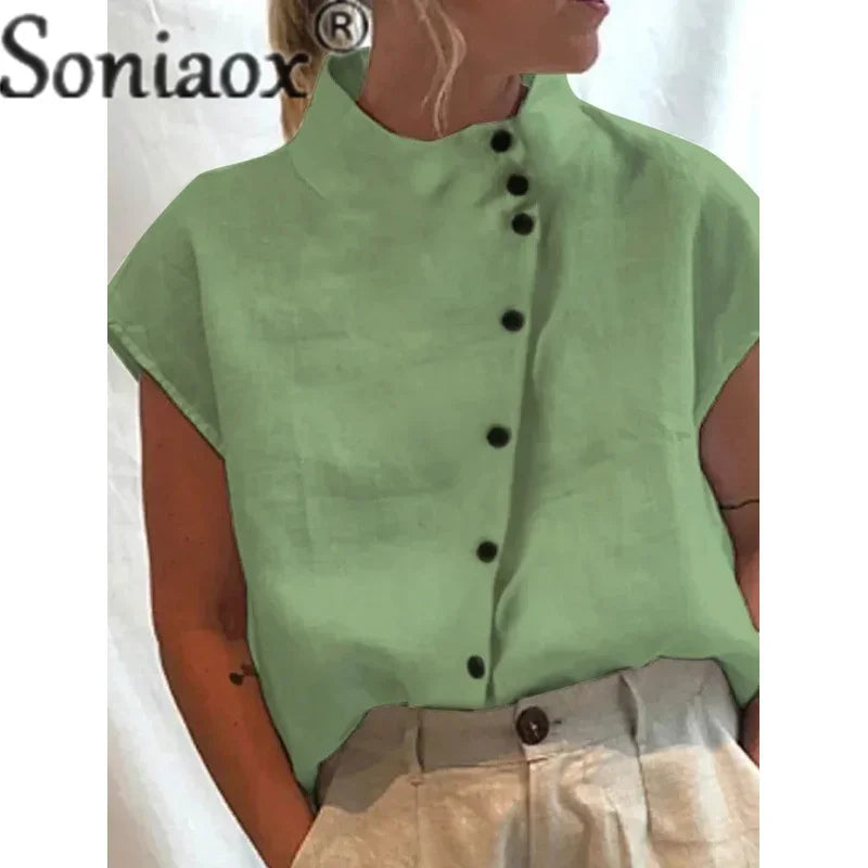 Elegant Cotton Linen Stand Neck Shirt Female 2023 Summer Simple Style Single-breasted Cardigan Tops Women's Casual Loose Blouse