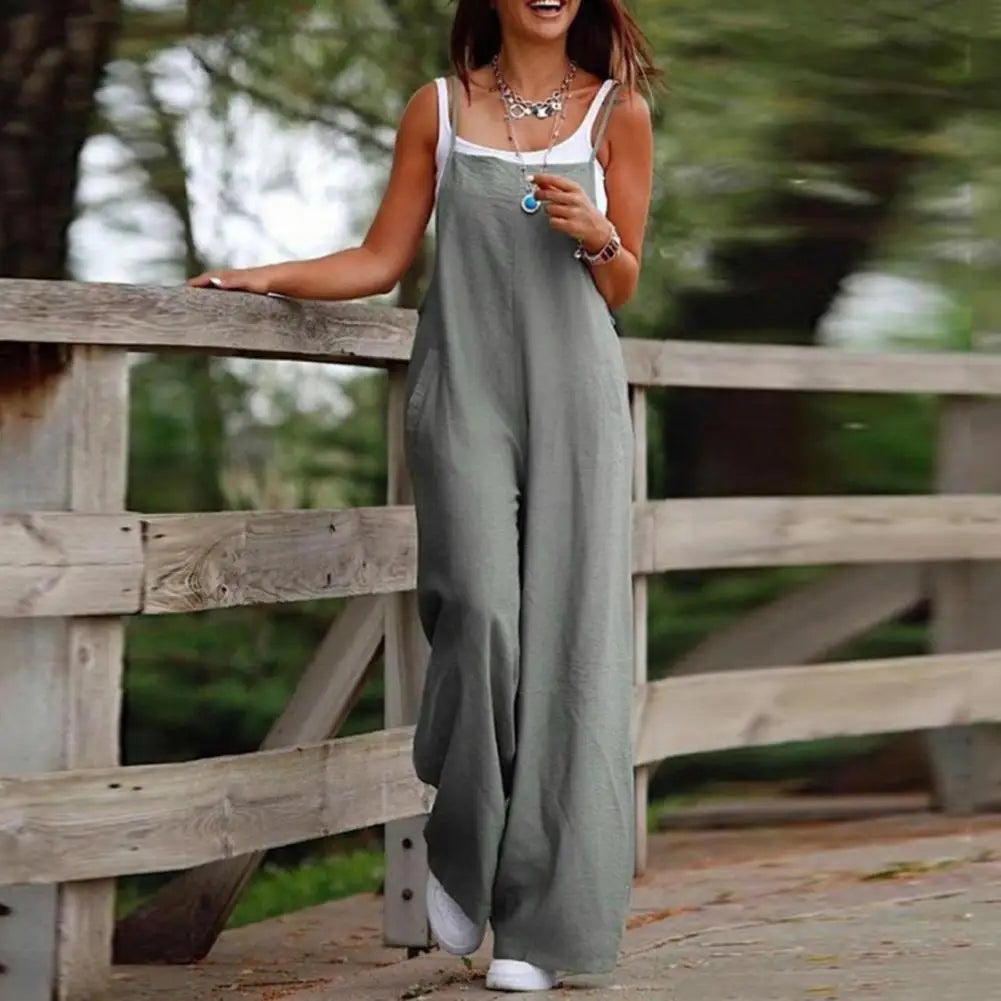 Summer Women Jumpsuit Backless Sleeveless Spaghetti Strap Wide Leg Lady Jumpsuit Deep Crotch Pockets Full Length Female Jumpsuit