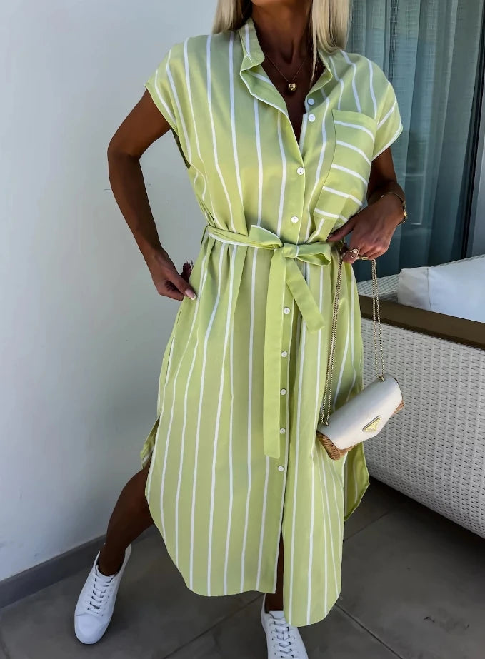 Elegant Women's Summer Dresses Commuter Casual Striped Strap Waist Collar Short Sleeve Casual Pocket Asymmetric Shirt Long Dress