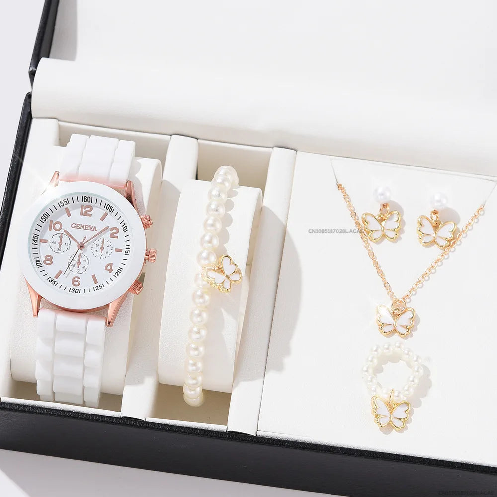 6PCS/Set Women's Watches Casual Silicone Band Analog Quartz Watch Heart Pearls Jewelry Set(Without Box)