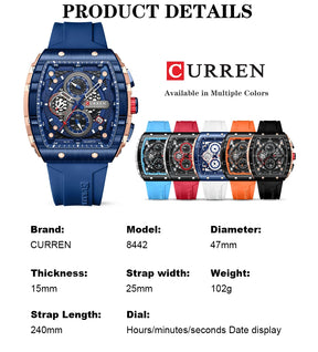 CURREN Sports Unique Rectangular Watches with Large Dial Casual Quartz Silicone Bands Wristwatches with Auto Date