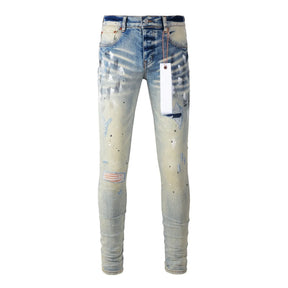 Purple jeans Men Fashion American high street brand Vintage wash blue paint distressed hole Repair Low Rise Skinny Denim pant
