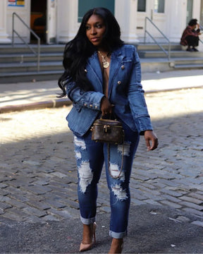 Women New Slim Double-Breasted Button Denim Jacket Coat Slim Long Sleeve Autumn Ripped Fashion Jacket Blazer